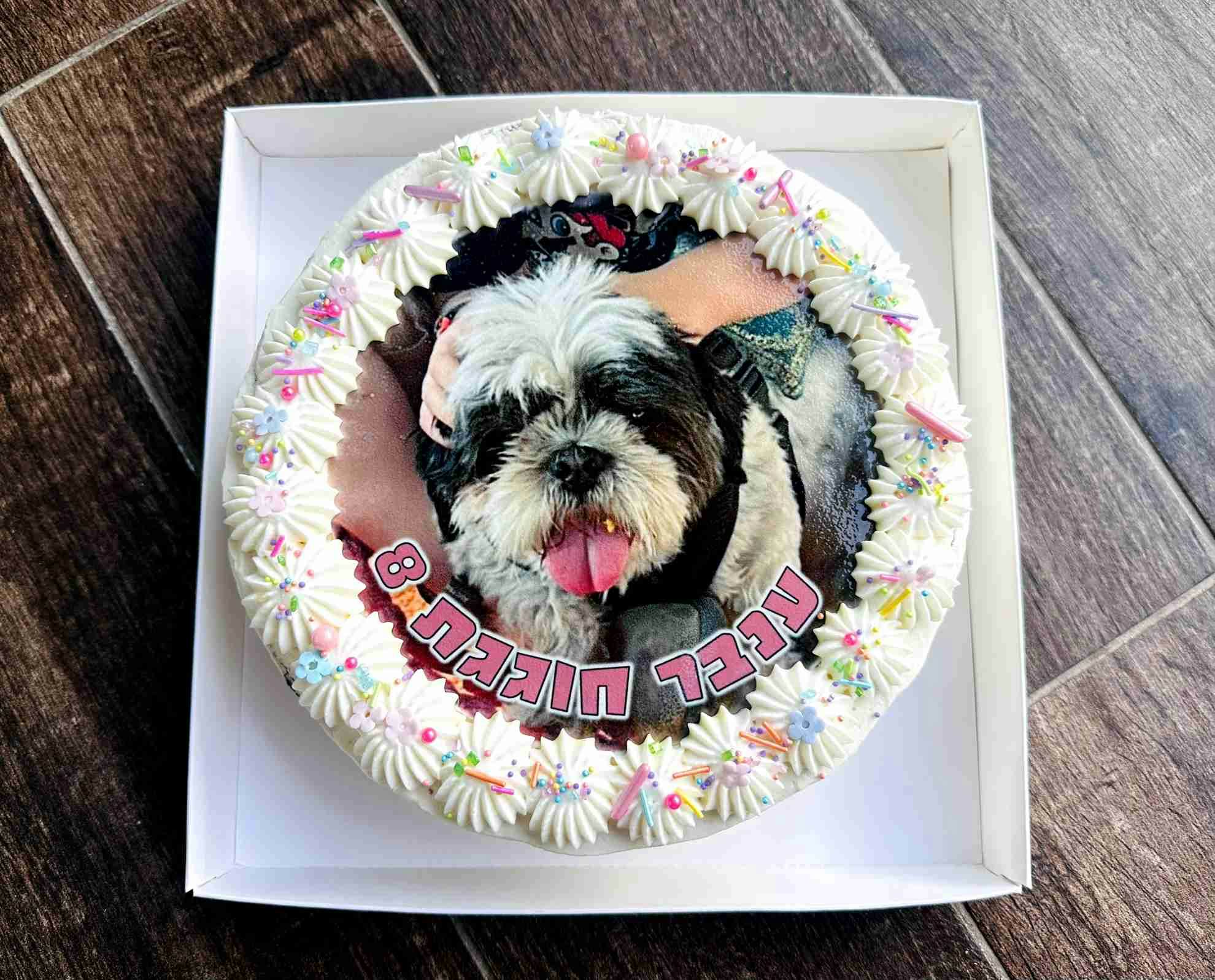 עוגת גן כלב - עוגת שוקולד עסיסית עם גנאש שוקולד בלגי, זילוף קרם ודף סוכר בעיצוב אישי